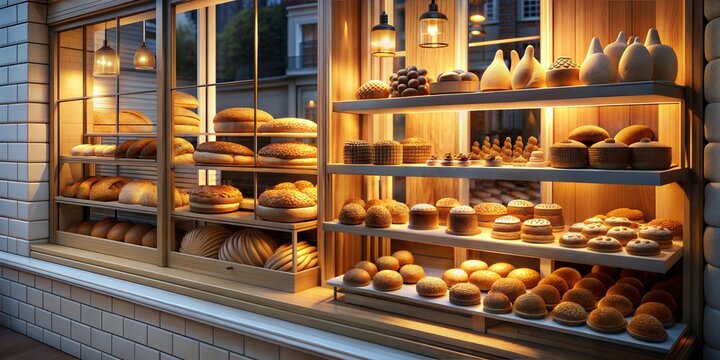 A 3D bakery shop window with glowing pastries, representing the allure of fresh baked goods