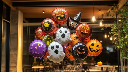 Halloween themed balloons with spooky and funny faces.
