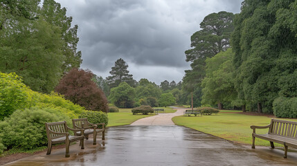 Rainy day path through lush green trees with benches.