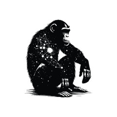 Fototapeta premium silhouette of Chimpanzee, filled with space and sci-fi element in rough drawing,