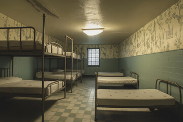 A room with multiple bunk beds and a single bed, with green and white walls and tiled floor.