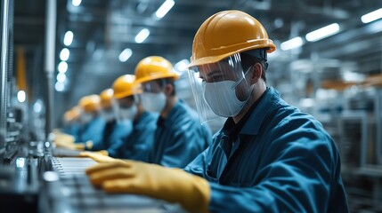 A team of workers in a factory setting wearing protective gear, including helmets, gloves, and masks, working around machinery