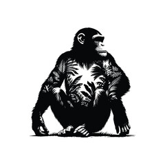 Fototapeta premium silhouette of Chimpanzee, filled with tropical plant in the jungle in rough drawing,