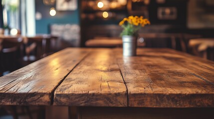 A rustic wooden table with a small flower pot in a cozy dining environment.