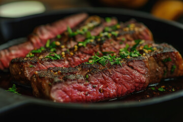 Grilled Steak with Herbs and Spices in Black Pan.