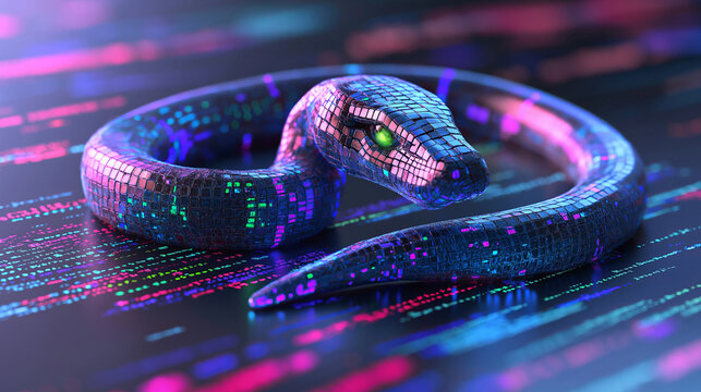 A digital snake made of pixels slithers across a glowing code background.