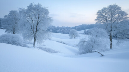 Fototapeta premium Snowy winter landscape with frost-covered trees.