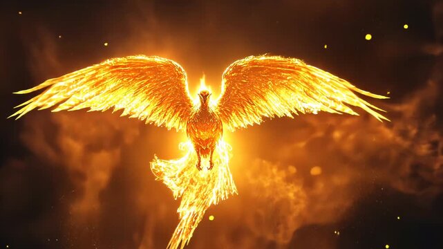 Low-angle wide shot: Fiery phoenix rises from swirling flames. Camera slowly tracks upward, following the majestic creature's ascent. Particle effects and lens flares enhance the magical atmosphere.	