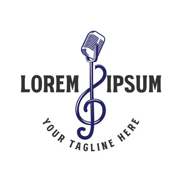 Music Notes Treble Clef and Microphone Mic Icon for Podcast Radio Broadcast for Entertainment Comedian or Sing Logo design