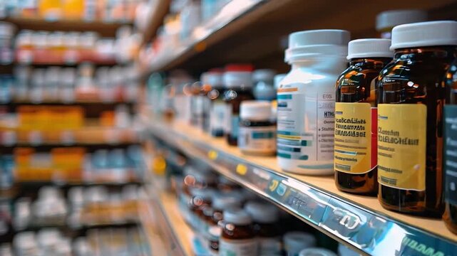 Various bottles of dietary supplements are neatly arranged on shelves in a health store, showcasing vibrant labels and a diverse selection.