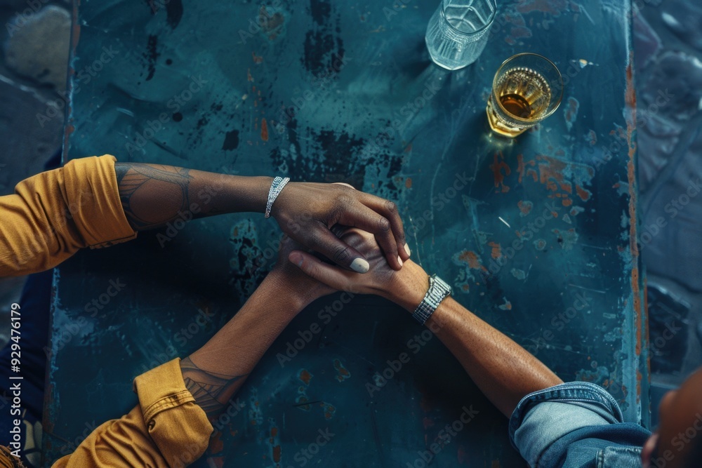 Poster a group of people forming a human chain over a table, symbolizing unity and cooperation