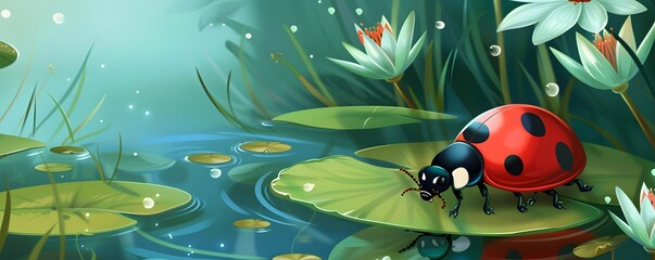 Ladybug on a Lily Pad in a Pond