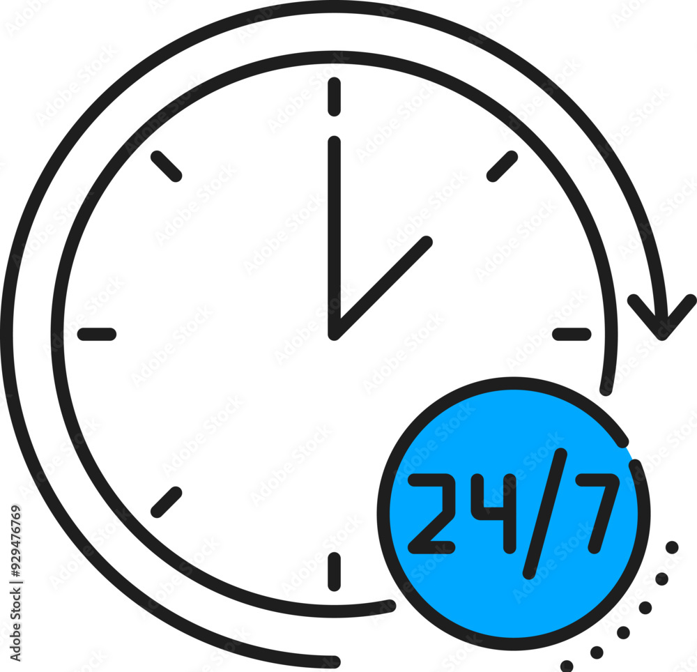 Aufkleber 24 7 support color line icon of logistics, delivery, shipping and cargo carriage service. Vector outline clock dial with open hours, 24 7 customer assistance work time symbol of watch with round arrow