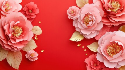 A vibrant arrangement of paper flowers on a red background, ideal for decoration or invitations.