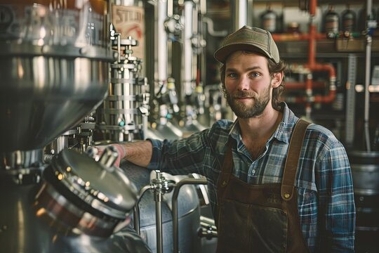 A distillery worker monitors equipment while wearing a plaid shirt and cap, engaged in his craft during the day. Generative AI