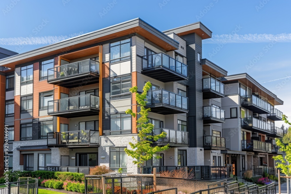 Poster large city apartment building with multiple balconies, suitable for use in urban architecture or cit