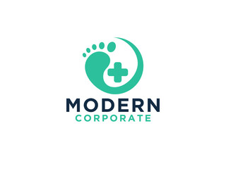 Foot Care Logo. Footprint Silhouette with Negative Space Cross Sign inside isolated on White Background.