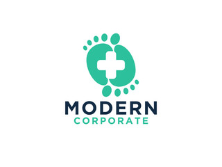 Foot Care Logo. Footprint Silhouette with Negative Space Cross Sign inside isolated on White Background.