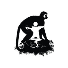Fototapeta premium silhouette of Colobus monkey, filled with nature night view in rough drawing,