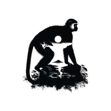 recommend clip art: silhouette of Colobus monkey, filled with nature night view in rough drawing,