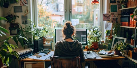 A person working at a cluttered desk in a home office