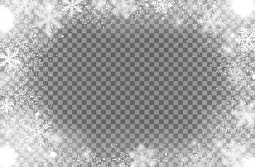 Realistic snowflakes for Christmas snow frame with snowfall on transparent background, vector overlay. Winter holiday snowflakes frame for window frost effect with frozen ice shine and sparkle glares