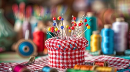 Naklejka premium A vibrant sewing station filled with colorful spools of thread and a pin cushion. This image captures the essence of creativity. It is ideal for craft enthusiasts and artists. AI.