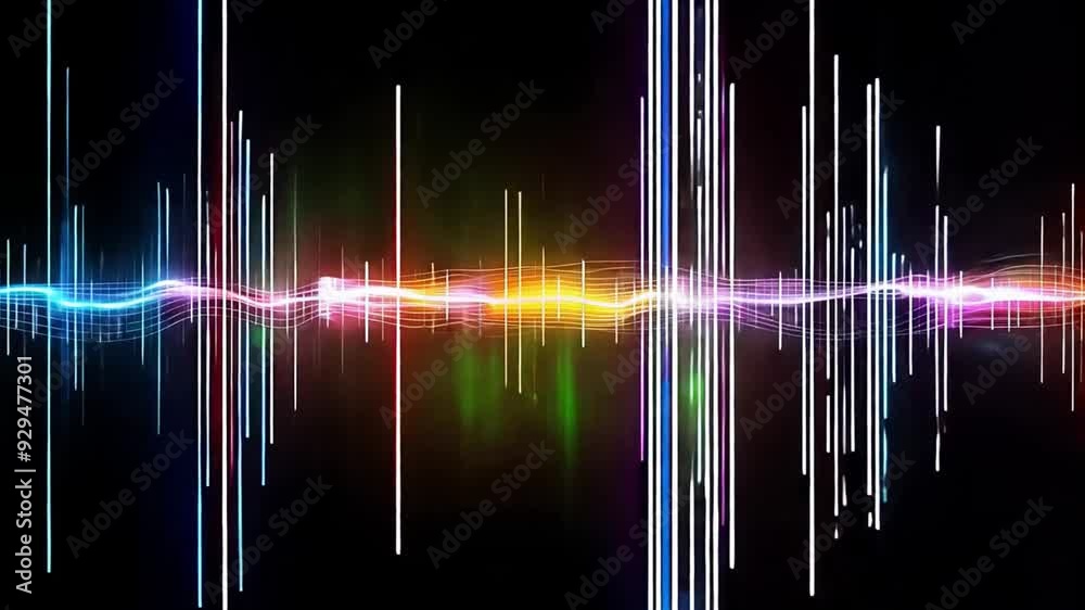 Aufkleber a vibrant sound wave graphic shows colorful lines pulsing across a dark background, representing aud