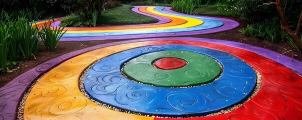 Colorful Winding Path and Circular Pattern in a Garden
