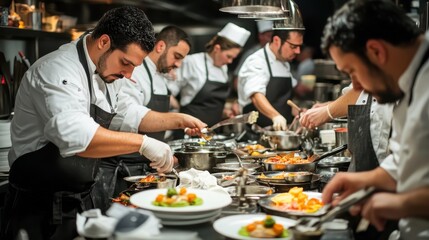 Chefs are busy chopping and plating dishes in a lively restaurant kitchen atmosphere