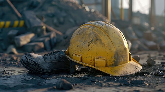 A worn-out hard hat sits atop a pile of rubble, a symbol of construction site wear and tear