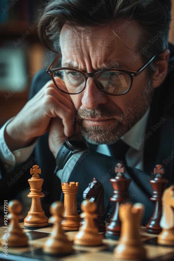 Poster A person sitting at a table with a board and pieces, engaged in a game of strategy