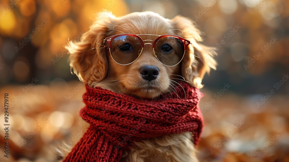 Poster cute dog wearing sunglasses and scarf in autumn