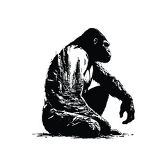 Fototapeta premium silhouette of gorilla, filled with destroyed futuristic dystopia environment in rough drawing,