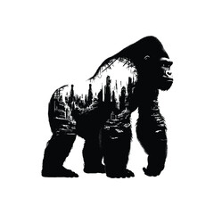 Fototapeta premium silhouette of gorilla, filled with destroyed futuristic dystopia environment in rough drawing,