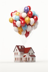 A small white house with red roof is lifted up by colorful balloons.