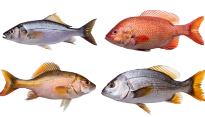 Set of side view of a real fish on transparency background PNG