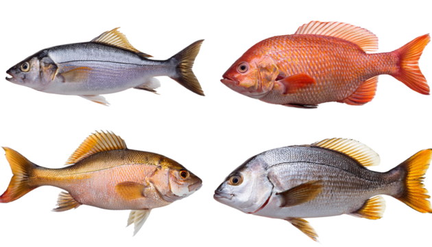Set of side view of a real fish on transparency background PNG