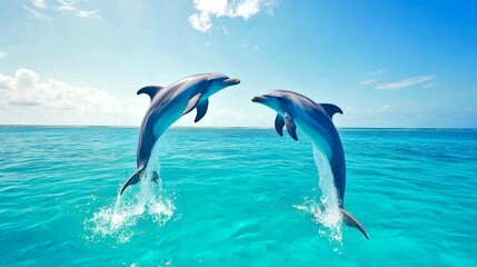Obraz premium Two playful dolphins leap gracefully out of vibrant blue waters. The scene captures their joyful spirit and dynamic movement. Perfect for nature enthusiasts and marine life lovers. AI