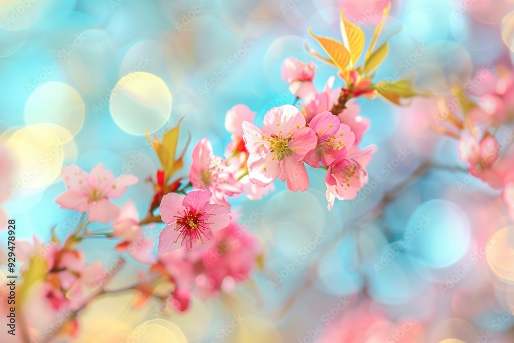 Poster A close-up view of a tree branch covered in pink flowers, perfect for using in floral arrangements or as a decorative element