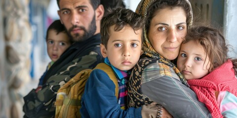 A refugee family looking anxious and uncertain at a border crossing