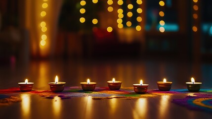 Traditional oil lamps (diyas) beautifully arranged in a pattern with colorful rangoli designs surrounding them