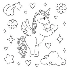 cute unicorn coloring book, Simple  elements, heart, cute clouds, stars, flowers, coloring pages, collection, children's drawings, line, outline