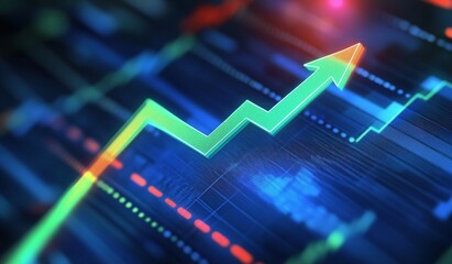 Blue upward-pointing arrow with green and red lines in the background, illustrating an upward trend in stock market data or sales growth. Ideal for visualizing financial or business progress.
