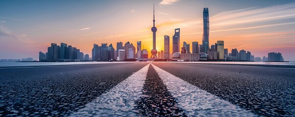 Road Leading Towards Shanghai Skyline at Sunset