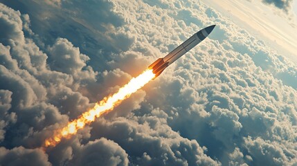 A rocket in flight, captured from below, showing its exhaust trail as it ascends rapidly through the clouds