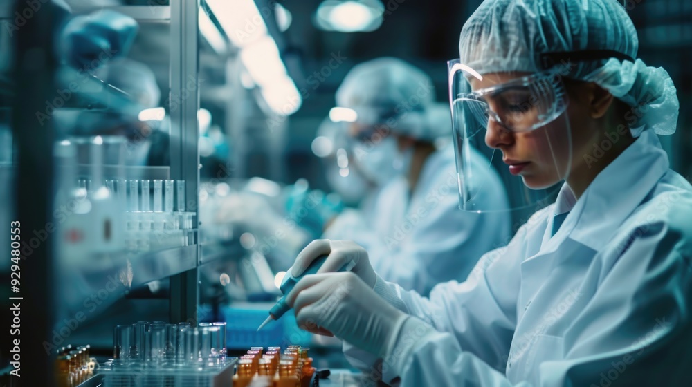Aufkleber woman in lab coat and goggles conducting experiments in a laboratory setting