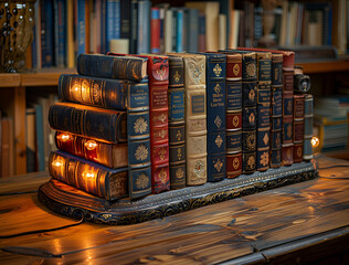 set of books and a lamp on a table in a librarey