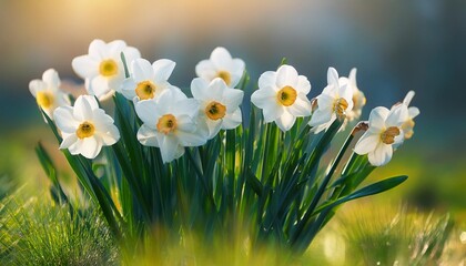 blooming daffodils flowering white narcissus at springtime spring flowers shallow depth of field selective focus