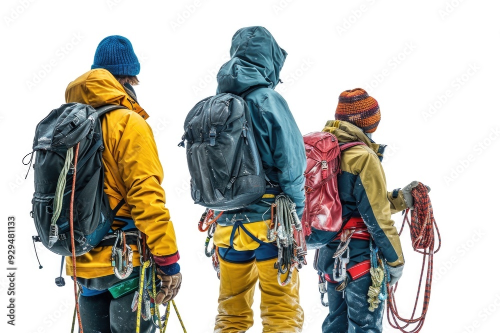 Canvas Prints Group of climbers stand victorious at the peak of a mountain, with breathtaking scenery and misty atmosphere